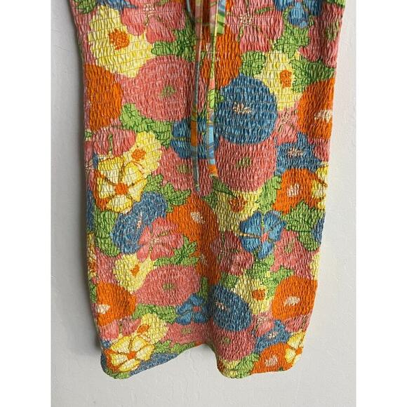 Zara L Dress Hawaiian Floral Smocked Stretch Mini Cover Up Halter 70s Style - Picture 4 of 8